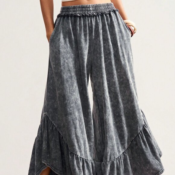 Pants - Grey Casual Women's Knit Loose Flare Leg Washed Pants
